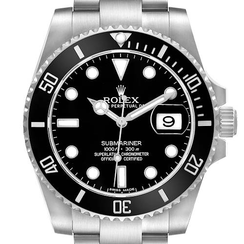 The Rolex Submariner 116610 Men's Stainless Steel Black Dial is shown from a front angle, highlighting the dial, bezel, and part of the bracelet.