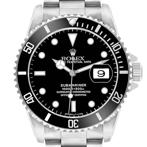 The image shows a front view of a Rolex Submariner 16610 Men's Stainless Steel Black Dial watch, highlighting the dial, bezel, and bracelet.