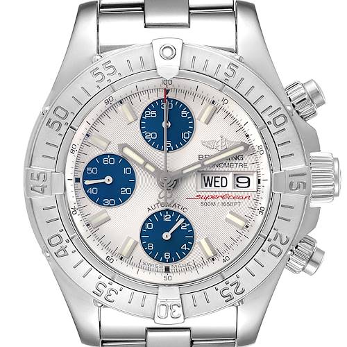 This image shows a front view of the Breitling Superocean A13340 Men's Stainless Steel Silver Dial A13340 Men's Stainless Steel Silver Dial watch featuring its bezel, dial, and subdials.