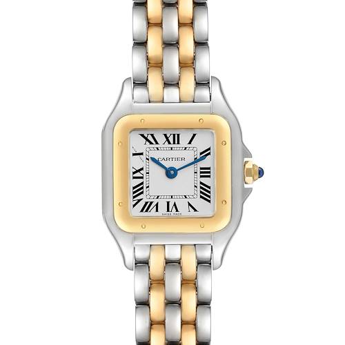 The image shows a frontal view of a Cartier Panthere W2PN0006 Women's Steel and Gold (two tone) Silver Dial W2PN0006 Women's Steel and Gold (two tone) Silver Dial watch, highlighting its dial, bezel, case, and metal bracelet.