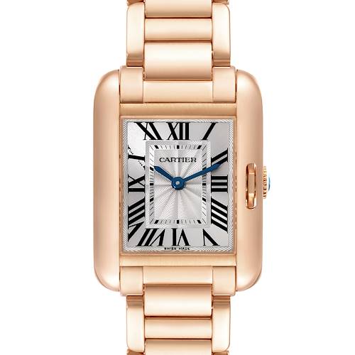 The image shows a front view of the Cartier Tank Anglaise W5310013 Women's Rose Gold Silver Dial W5310013 Women's Rose Gold Silver Dial watch, highlighting its rectangular dial and metal bracelet.