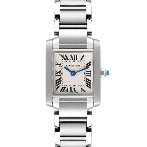 The image shows a front view of a Cartier Tank Française wristwatch, displaying its rectangular face and metal bracelet.