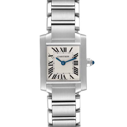 The image shows a frontal view of a Cartier Tank Francaise W51008Q3 Women's Stainless Steel Silver Dial W51008Q3 Women's Stainless Steel Silver Dial watch, highlighting its square face and metal bracelet.
