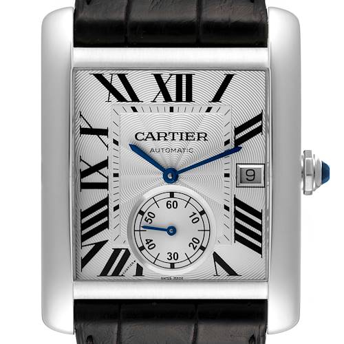 The image shows a front view of the Cartier Tank MC W5330003 Men's Stainless Steel Silver Dial W5330003 Men's Stainless Steel Silver Dial watch, highlighting its dial, Roman numerals, date window, and leather strap.