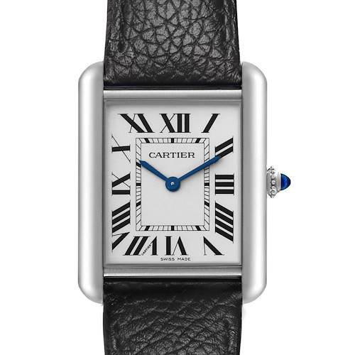 The Cartier Tank Must WSTA0120 Men's Stainless Steel Silver Dial watch is shown from the front, highlighting the dial, Roman numerals, blue hands, and leather strap.