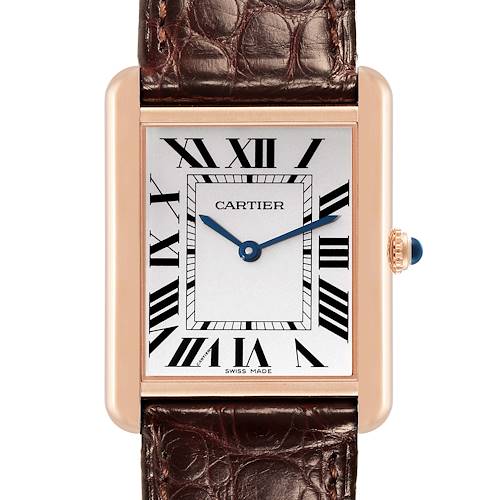 This image shows a frontal view of the Cartier Tank Solo W5200025 Men's Steel and Gold (two tone) Silver Dial W5200025 Men's Steel and Gold (two tone) Silver Dial watch, highlighting its rectangular face, Roman numerals, and brown leather strap.