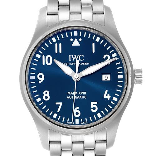 This image shows a front-facing view of the IWC Pilot 29275 Men's Stainless Steel Blue Dial 29275 Men's Stainless Steel Blue Dial's Watch Mark XVIII with a stainless steel bracelet.
