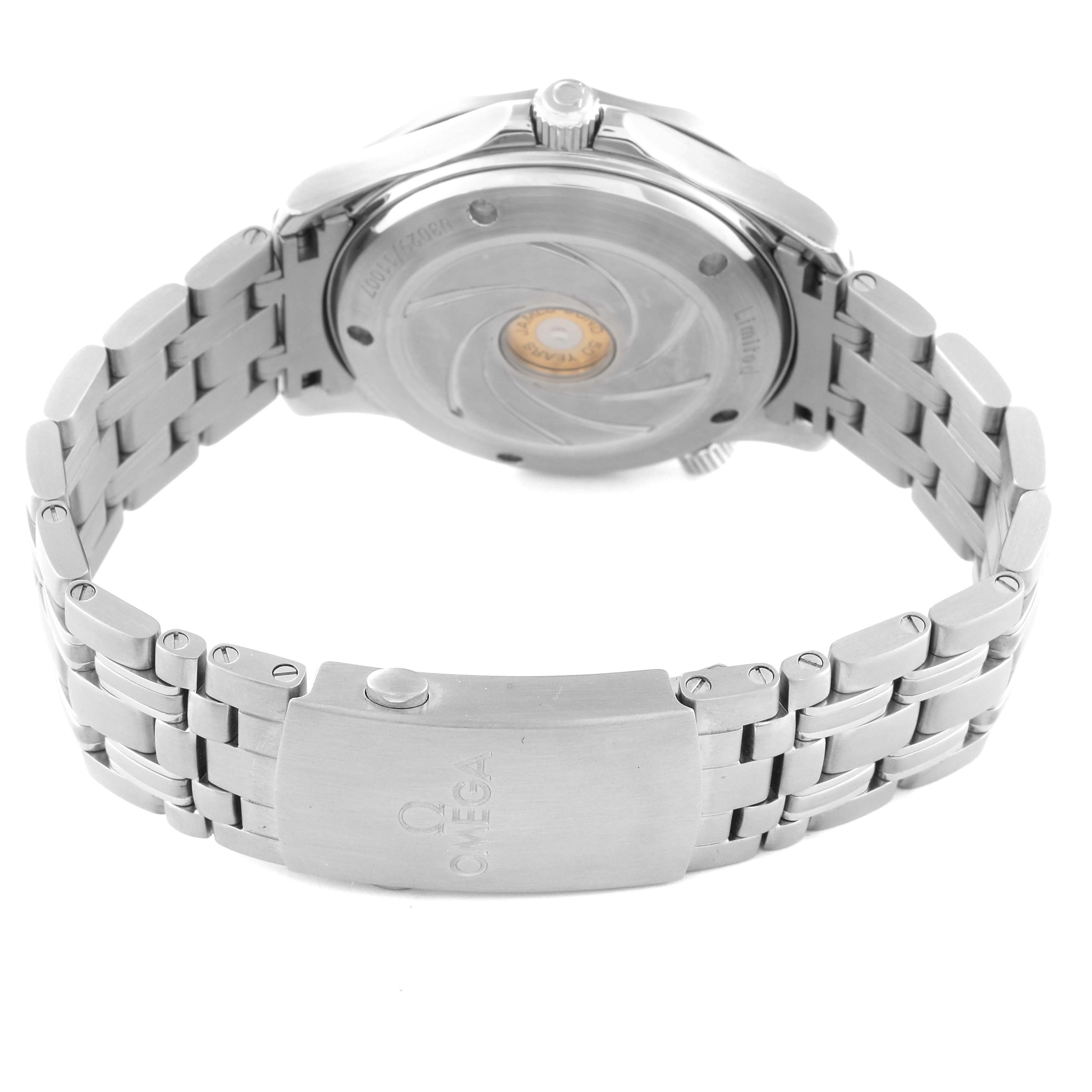 The image shows the back view of an Omega Seamaster 212.30.41.20.01.005 Men's Stainless Steel Black Dial 212.30.41.20.01.005 Men's Stainless Steel Black Dial watch, highlighting the case back, bracelet, and clasp.