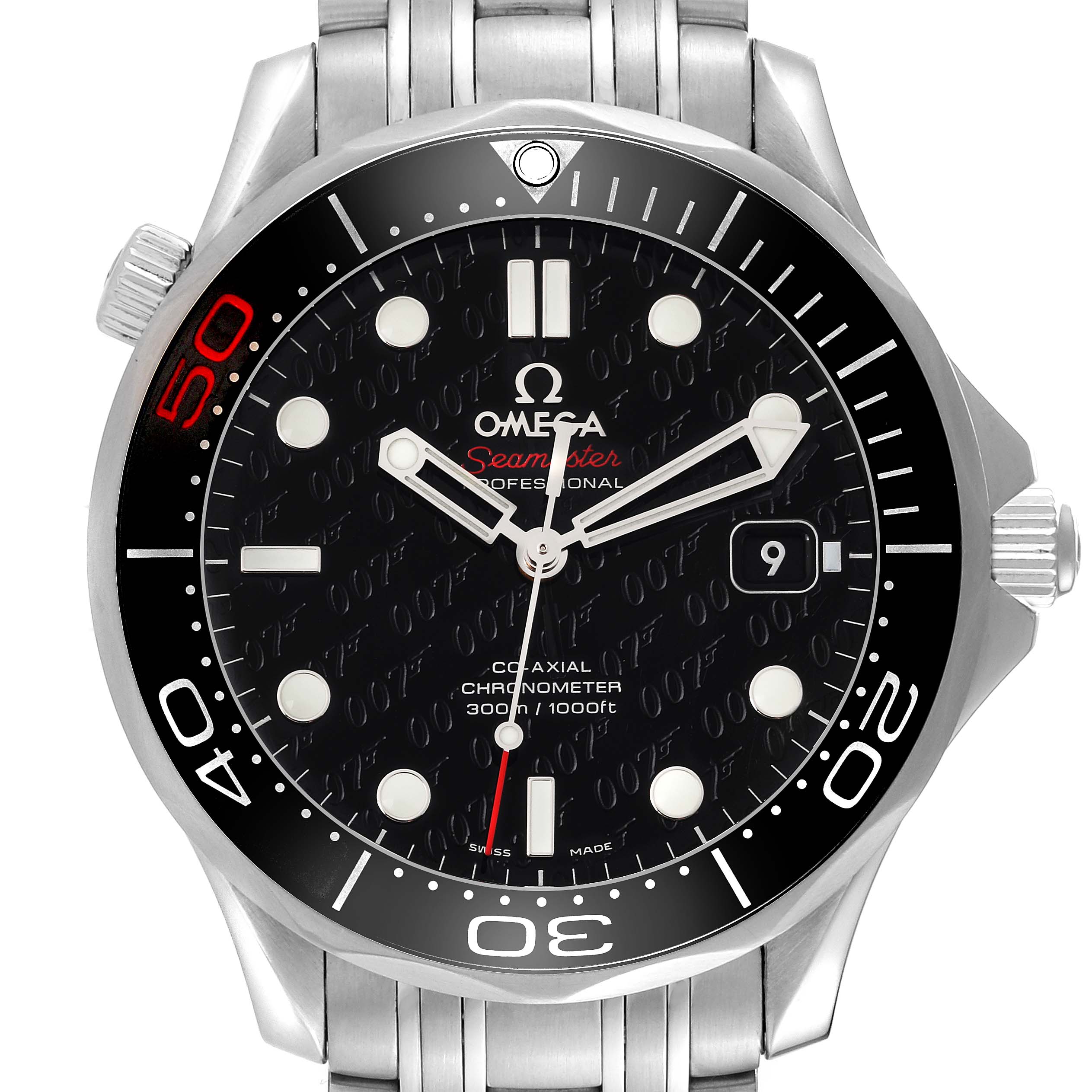 The image shows a frontal view of the Omega Seamaster 212.30.41.20.01.005 Men's Stainless Steel Black Dial 212.30.41.20.01.005 Men's Stainless Steel Black Dial watch including its dial, bezel, and part of its stainless steel bracelet.