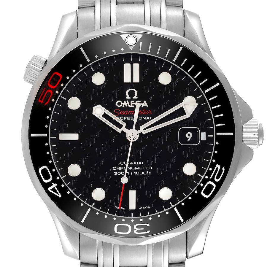 The image shows a frontal view of the Omega Seamaster 212.30.41.20.01.005 Men's Stainless Steel Black Dial 212.30.41.20.01.005 Men's Stainless Steel Black Dial watch including its dial, bezel, and part of its stainless steel bracelet.