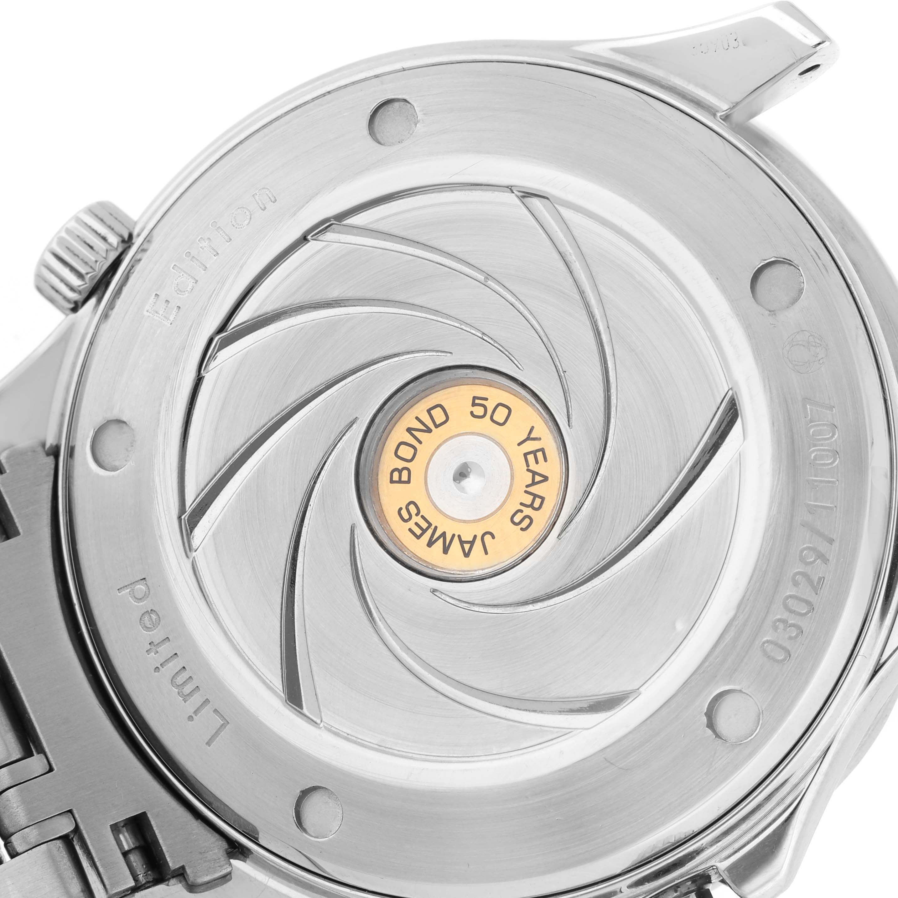 The image shows the case back of the Omega Seamaster 212.30.41.20.01.005 Men's Stainless Steel Black Dial 212.30.41.20.01.005 Men's Stainless Steel Black Dial watch, specifically the James Bond 50-year anniversary edition.