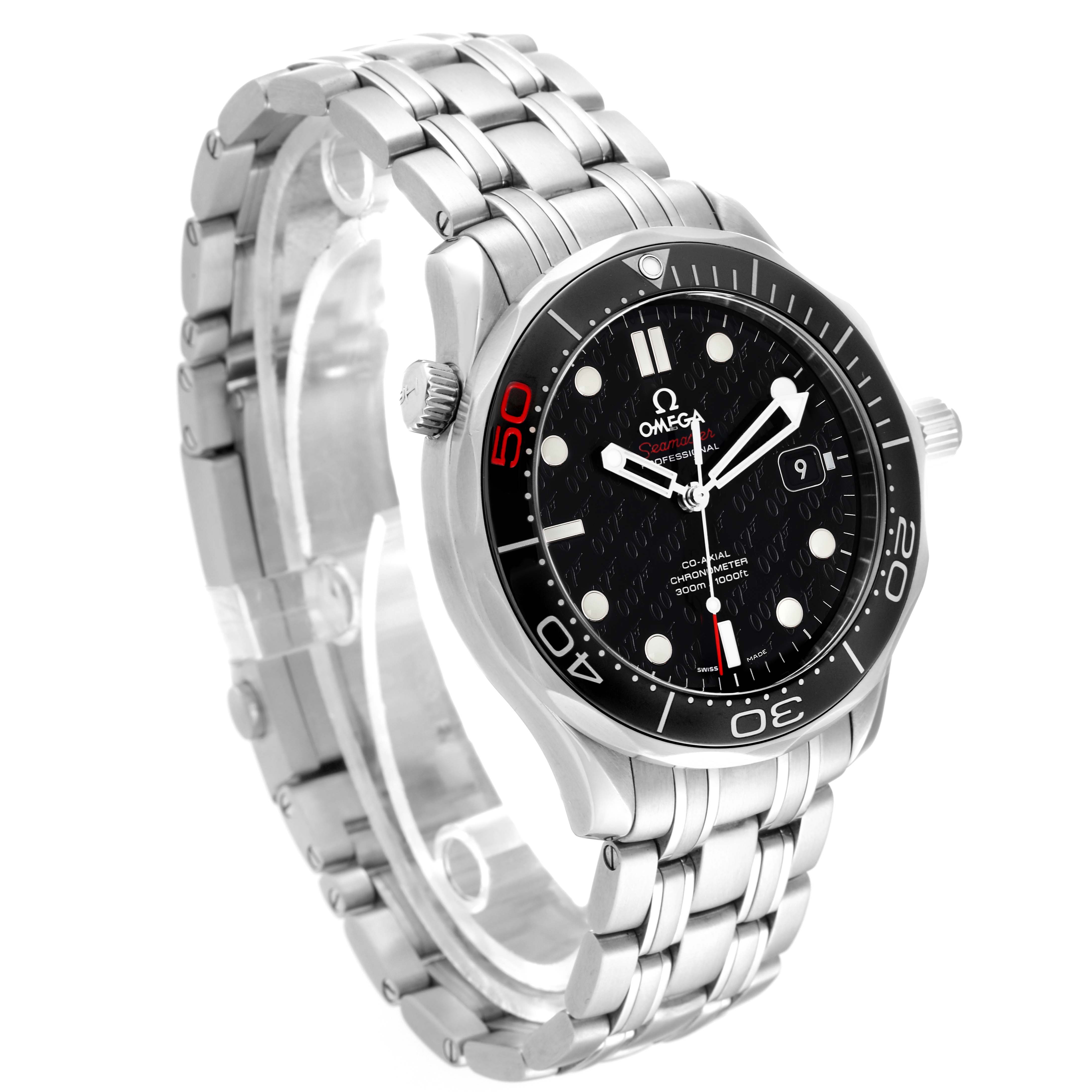 The Omega Seamaster 212.30.41.20.01.005 Men's Stainless Steel Black Dial 212.30.41.20.01.005 Men's Stainless Steel Black Dial watch is shown at an angled view featuring its black dial, bezel, bracelet, and crown.