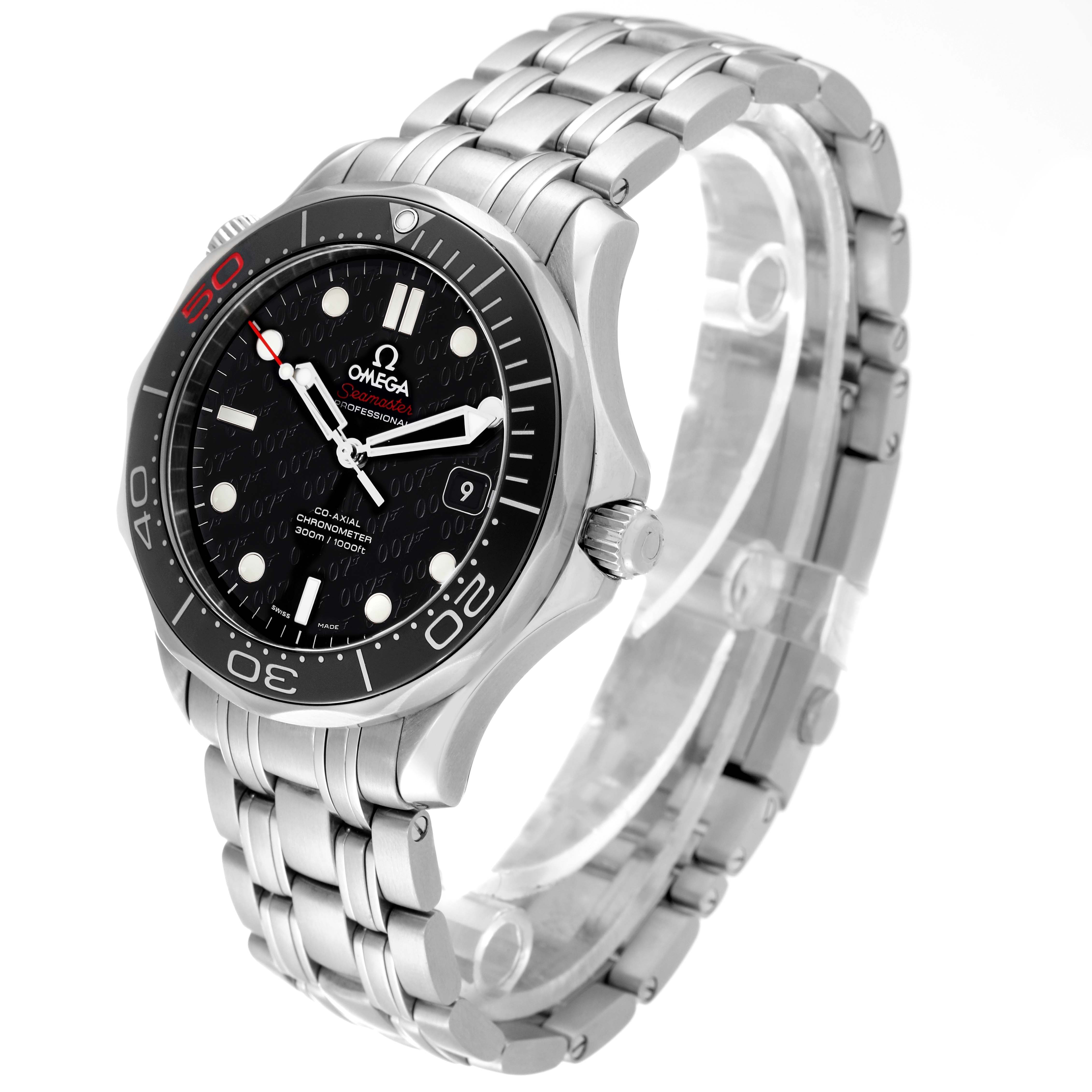 The Omega Seamaster 212.30.41.20.01.005 Men's Stainless Steel Black Dial 212.30.41.20.01.005 Men's Stainless Steel Black Dial watch is shown at a three-quarter angle, highlighting its face, bezel, and metal bracelet.