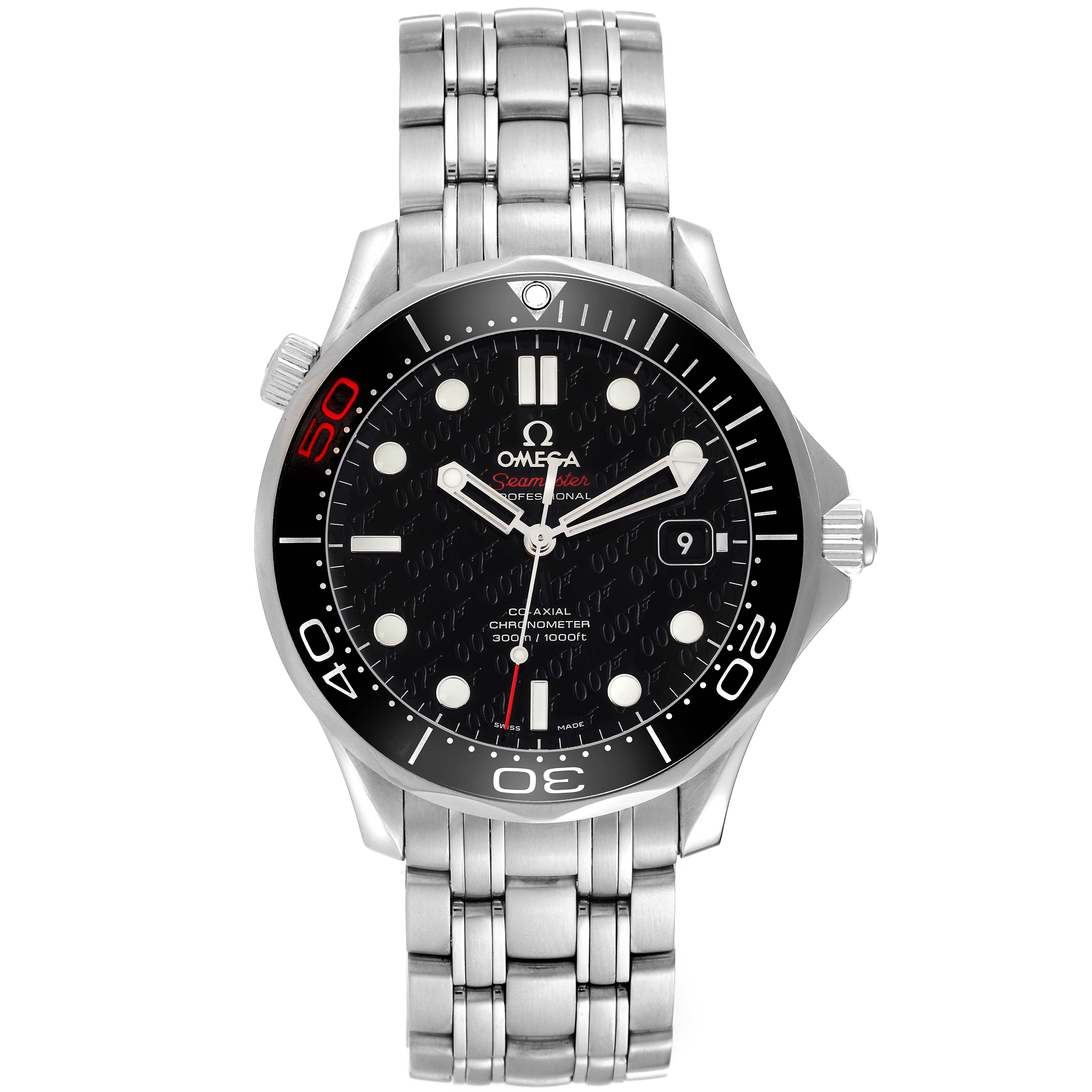 This image shows a front view of the Omega Seamaster 212.30.41.20.01.005 Men's Stainless Steel Black Dial 212.30.41.20.01.005 Men's Stainless Steel Black Dial watch, highlighting the dial, bezel, bracelet, and crown.