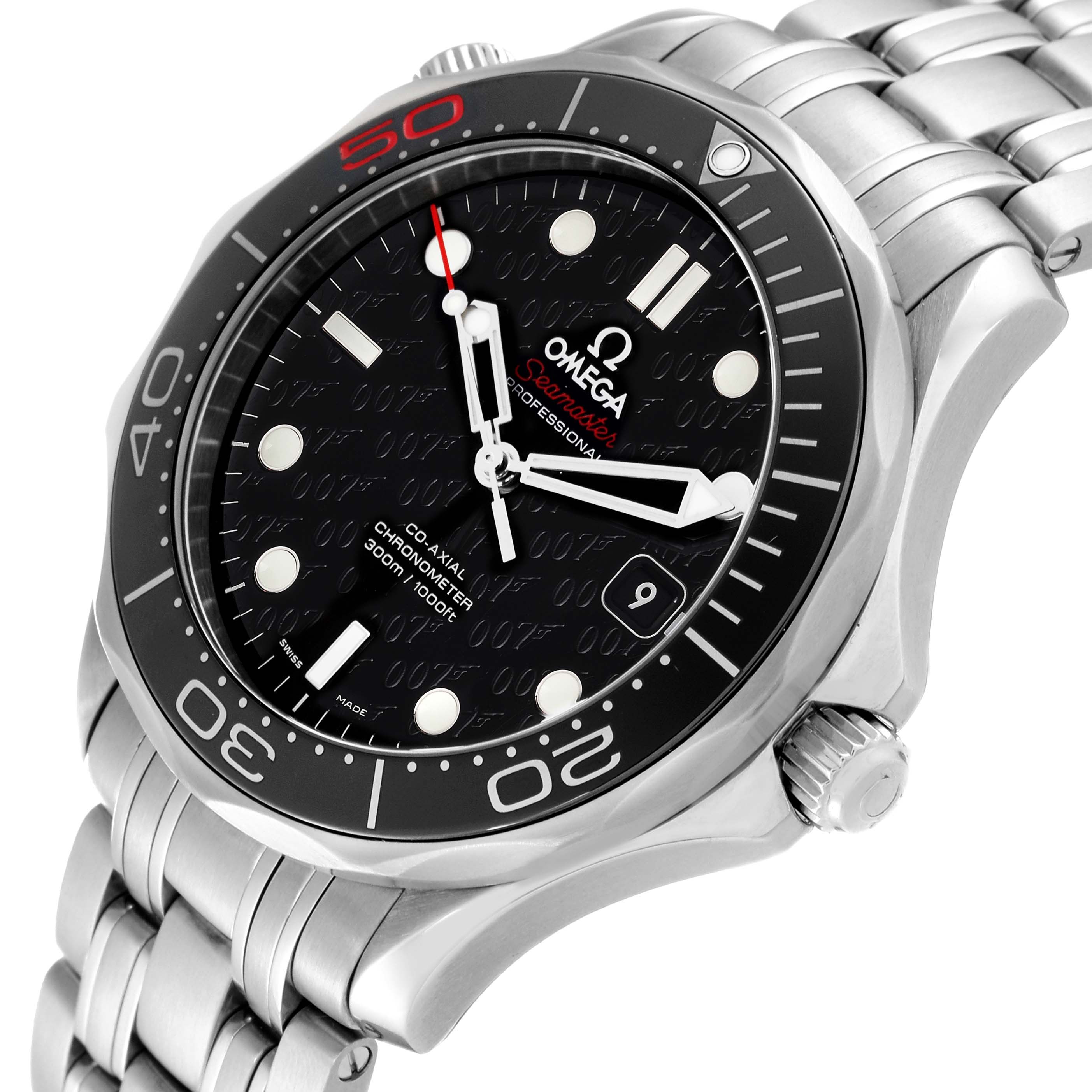 The image shows an angled close-up of the Omega Seamaster 212.30.41.20.01.005 Men's Stainless Steel Black Dial 212.30.41.20.01.005 Men's Stainless Steel Black Dial watch, highlighting its face, bezel, and part of the stainless steel bracelet.