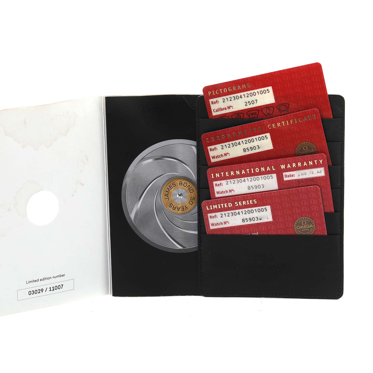 The image shows the warranty cards and booklet for the Omega Seamaster 212.30.41.20.01.005 Men's Stainless Steel Black Dial 212.30.41.20.01.005 Men's Stainless Steel Black Dial, including the limited edition number.