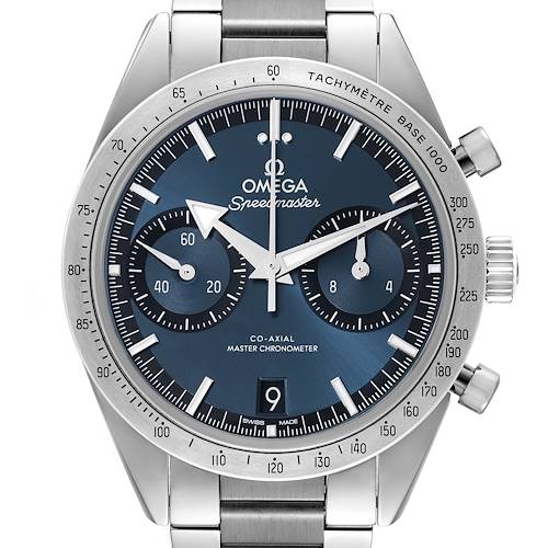 The Omega Speedmaster 332.10.41.51.03.001 Men's Stainless Steel Blue Dial model is shown from the front, highlighting the dial, subdials, tachymeter, and crown.