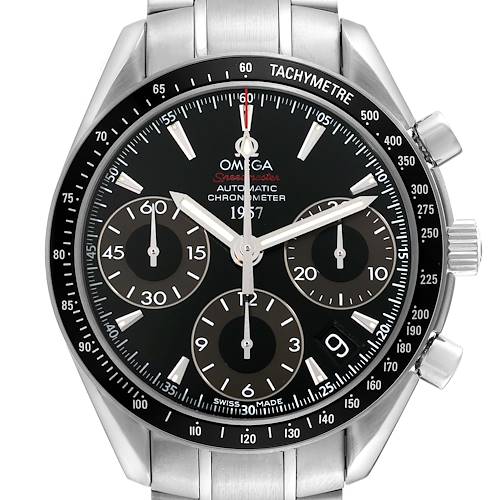 This image shows a front view of the Omega Speedmaster 323.30.40.40.01.001 Men's Stainless Steel Black Dial 323.30.40.40.01.001 Men's Stainless Steel Black Dial watch, highlighting the dial, hands, subdials, bezel, and tachymeter scale.