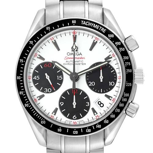 This image shows a front view of the Omega Speedmaster 323.30.40.40.04.001 Men's Stainless Steel White Dial 323.30.40.40.04.001 Men's Stainless Steel White Dial watch, highlighting its chronograph dials and tachymeter bezel.