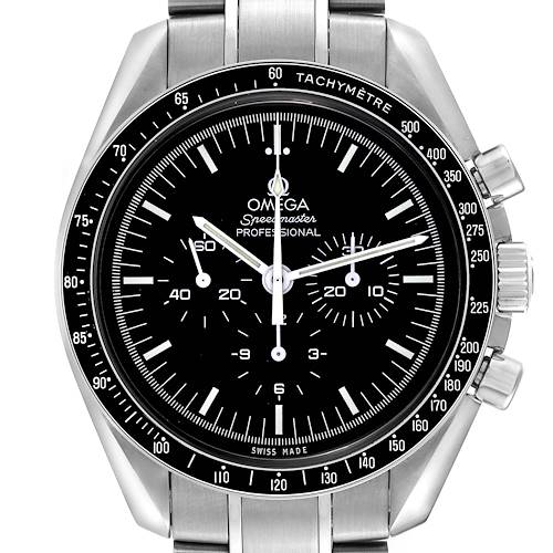 This image shows a front view of the Omega Speedmaster 311.30.42.30.01.005 Men's Stainless Steel Black Dial 311.30.42.30.01.005 Men's Stainless Steel Black Dial watch, highlighting the dial, bezel, and stainless steel bracelet.