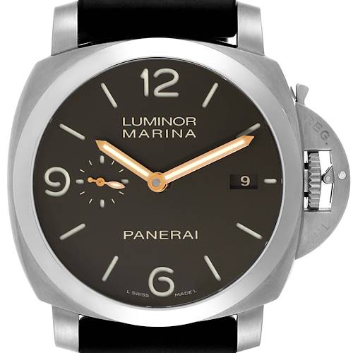 The image shows a front view of a Panerai Luminor PAM00351 Men's Titanium Brown Dial PAM00351 Men's Titanium Brown Dial Marina watch, highlighting the dial, case, and crown guard.