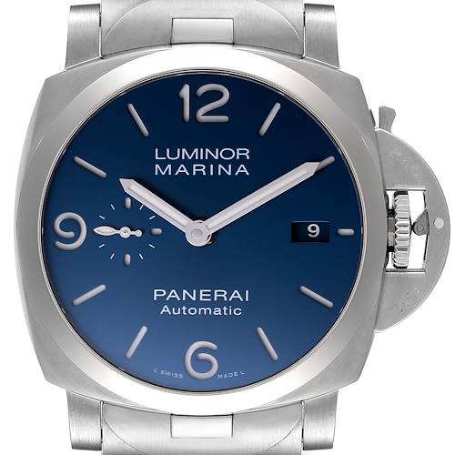 The image shows a frontal view of the Panerai Luminor PAM01316 Men's Stainless Steel Blue Dial PAM01316 Men's Stainless Steel Blue Dial Marina watch, displaying its blue dial, crown guard, and date window.