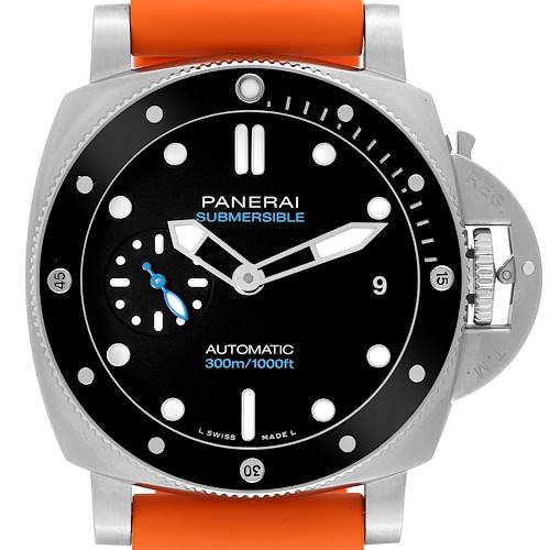 The image shows a front view of a Panerai Luminor PAM00683 Men's Stainless Steel Black Dial PAM00683 Men's Stainless Steel Black Dial Submersible watch with an orange strap and black dial.
