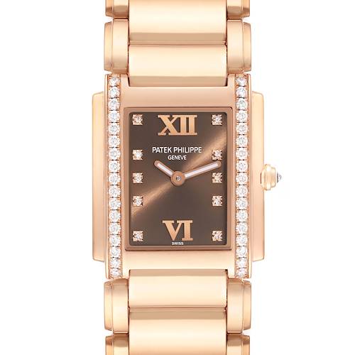 The image shows a front view of the Patek Philippe Twenty-4 4910/11R Women's Rose Gold Brown Dial 4910/11R Women's Rose Gold Brown Dial watch, highlighting the face, bezel, and part of the bracelet.
