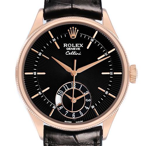 The Rolex Cellini 50525 Men's Rose Gold Black Dial watch is shown from the front, displaying its black dial, gold hands, crown, and leather strap.