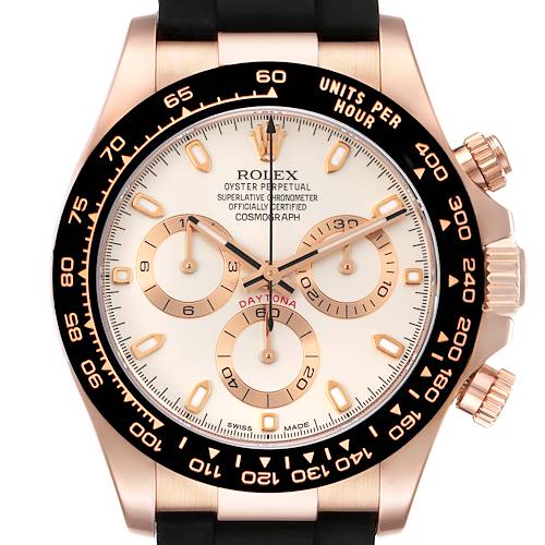 The image shows a close-up, front view of a Rolex Daytona 116515LN Men's Rose Gold White Dial 116515LN Men's Rose Gold White Dial watch, highlighting the dial, bezel, and crown.