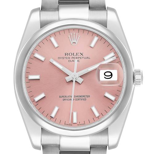 The Rolex Date 115200 Men's Stainless Steel Pink Dial model is shown from a front angle, highlighting its pink dial, date window, crown, and part of the bracelet.