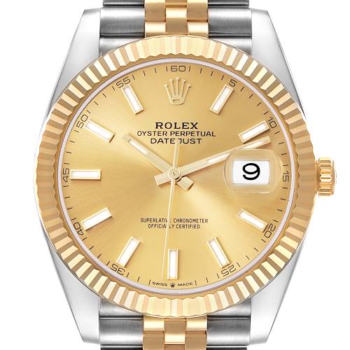 The image shows a front view of the Rolex Datejust 41 126333 Men's Steel and Gold (two tone) Champagne Dial 126333 Men's Steel and Gold (two tone) Champagne Dial watch, highlighting its gold dial, fluted bezel, and two-tone bracelet.