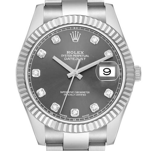 The Rolex Datejust 41 116334 Men's Stainless Steel Silver Dial watch is shown from a top-down angle, highlighting the dial, fluted bezel, and part of the bracelet.