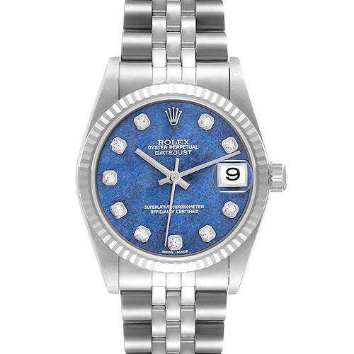 This image displays a frontal view of a Rolex Mid-Size 78274 Women's Stainless Steel Blue Dial 78274 Women's Stainless Steel Blue Dial Datejust, featuring its blue dial, stainless steel bracelet, and date window.