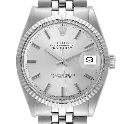 The image shows a frontal view of the Rolex Vintage Collection 1601 Men's Stainless Steel Silver Dial 1601 Men's Stainless Steel Silver Dial Datejust watch, displaying the dial, hands, bezel, crown, and part of the bracelet.