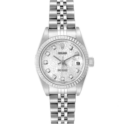 This image shows a Rolex Datejust 79174 Women's Stainless Steel Silver Dial 79174 Women's Stainless Steel Silver Dial watch from a front angle, highlighting the dial, case, bezel, and bracelet.