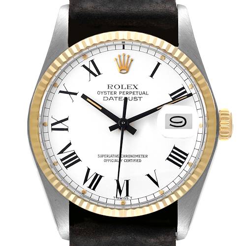 This image shows a front view of a Rolex Vintage Collection 16013 Men's Stainless Steel White Dial 16013 Men's Stainless Steel White Dial Oyster Perpetual Datejust watch, highlighting its dial, hands, and bezel.