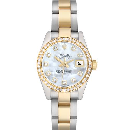 The Rolex Datejust 179383 Women's Steel and Gold (two tone) Mother of Pearl Dial is shown from the front, highlighting its dial, bezel, case, and jubilee bracelet.