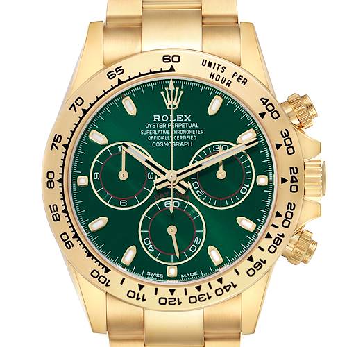 The image shows a frontal view of a Rolex Daytona 116508 Men's Yellow Gold Green Dial watch, highlighting its green dial, gold bezel, and three sub-dials.