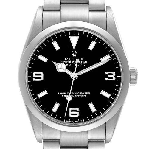 The Rolex Explorer 114270 Men's Stainless Steel Black Dial watch is shown from a front angle, revealing the dial, bezel, and part of the bracelet.