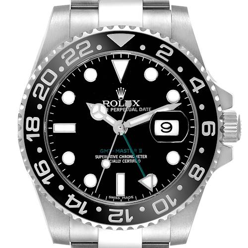 This image shows a front view of the Rolex GMT-Master 116710 Men's Stainless Steel Black Dial 116710 Men's Stainless Steel Black Dial II watch, displaying its case, bezel, dial, hands, and date window.
