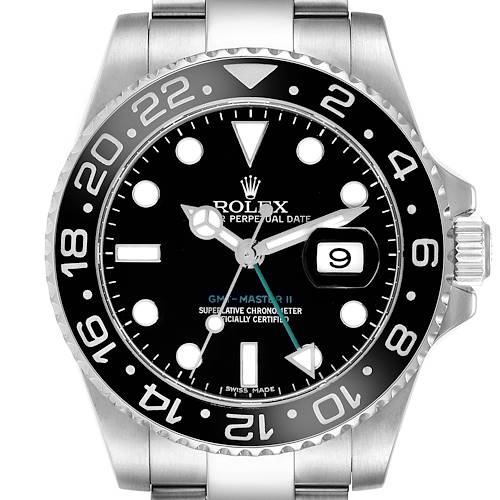 The image shows a front view of the Rolex GMT-Master 116710 Men's Stainless Steel Black Dial 116710 Men's Stainless Steel Black Dial II watch, highlighting the bezel, dial, and bracelet.