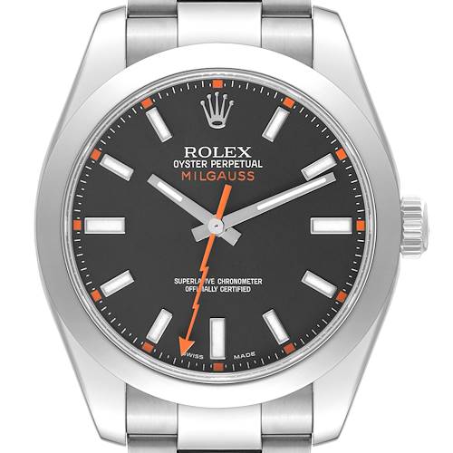 The image shows a front view of a Rolex Milgauss 116400 Men's Stainless Steel Black Dial 116400 Men's Stainless Steel Black Dial watch, displaying its face, bezel, crown, and part of the bracelet.