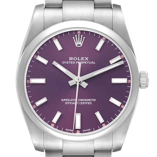 The Rolex Oyster Perpetual 114200 Men's Stainless Steel Red Dial watch is shown from a front angle, displaying its purple dial, hands, markers, and part of the bracelet.