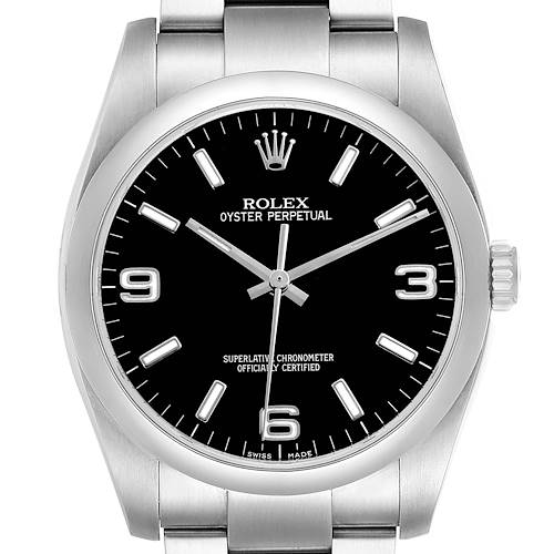 The Rolex Oyster Perpetual 116000 Men's Stainless Steel Black Dial watch is shown from the front, displaying the face, bezel, and crown.