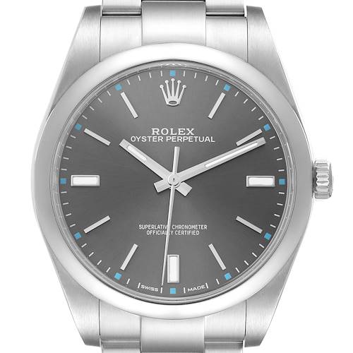 This image shows a front view of the Rolex Oyster Perpetual 114300 Men's Stainless Steel Grey Dial 114300 Men's Stainless Steel Grey Dial watch, highlighting its dial, hands, and seconds markers.