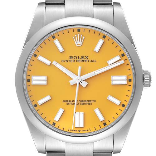 This image shows a front view of the Rolex Oyster Perpetual 124300 Men's Stainless Steel Yellow Dial 124300 Men's Stainless Steel Yellow Dial watch, highlighting its dial, hands, and bracelet.
