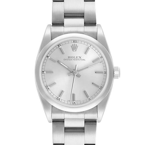 The Rolex Oyster Perpetual 77080 Women's Stainless Steel Silver Dial watch is shown from a front angle, displaying the dial, bezel, bracelet, and crown.