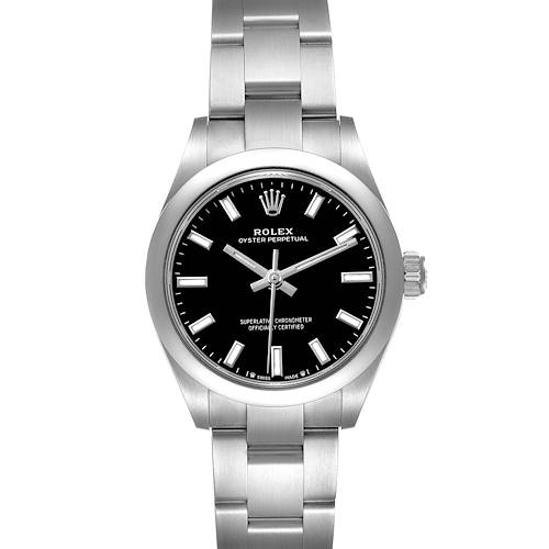 The Rolex Oyster Perpetual 276200 Women's Stainless Steel Black Dial watch is shown from the front, highlighting the face, bezel, and bracelet.