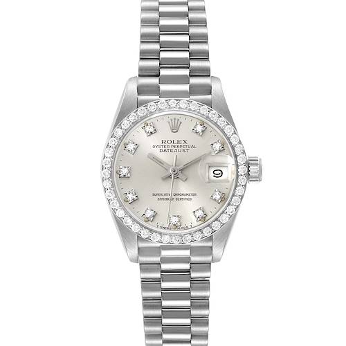 The Rolex President 69139 Women's White Gold Silver Dial 69139 Women's White Gold Silver Dial model watch is shown front-facing, displaying its bracelet, bezel, dial, date window, and crown.